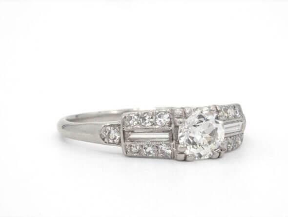 Platinum Diamond Art Deco Ring With Baguettes