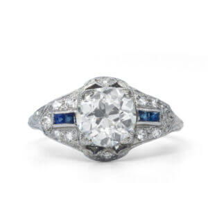 Platinum Art Deco Old European Cut Diamond and Sapphire Ring