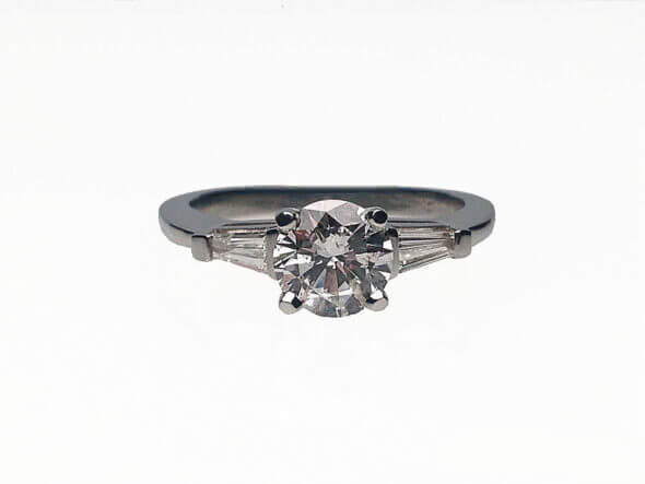 Platinum Diamond and Tapered Baguette Diamond Estate Engagement Ring
