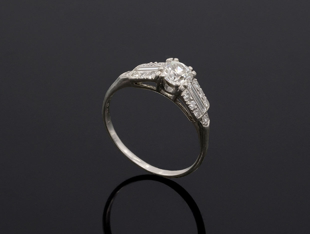 Platinum Diamond Art Deco Ring With Baguettes