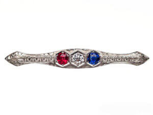 Platinum Edwardian Diamond, Sapphire and Red Spinel Brooch front view