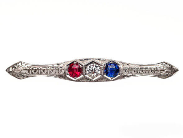 Platinum Edwardian Diamond, Sapphire and Red Spinel Brooch front view