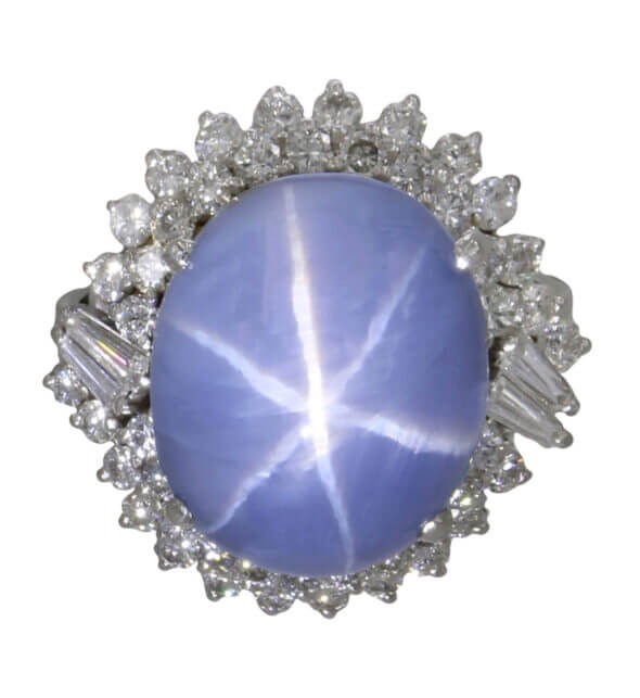 Platinum Mid Century Star Sapphire and Diamond Ring front view