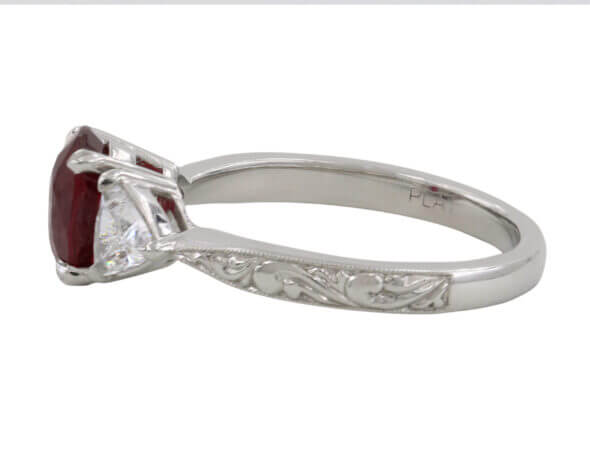 Platinum Ruby and Trillion Cut Diamond Custom Lippa's Three Stone Ring Left Side