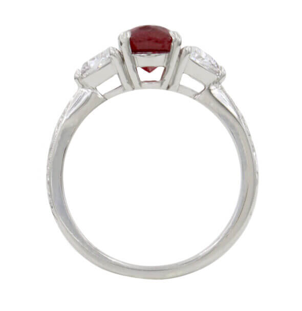 Platinum Ruby and Trillion Cut Diamond Custom Lippa's Three Stone Ring Top View