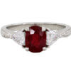 Platinum Ruby and Trillion Cut Diamond Custom Lippa's Three Stone Ring Front View