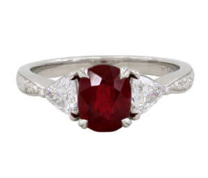 Platinum Ruby and Trillion Cut Diamond Custom Lippa's Three Stone Ring Front View
