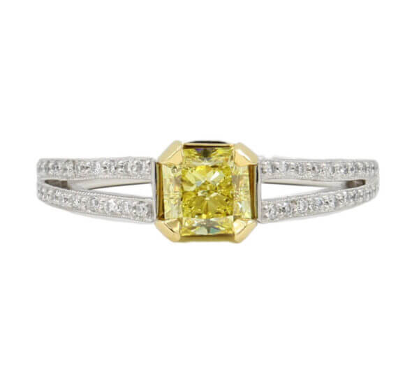 Platinum and 18 Karat Yellow Gold Fancy Intense Yellow Radiant Cut Diamond Ring with GIA Report front view
