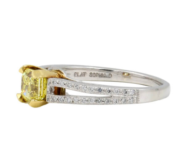 Platinum and 18 Karat Yellow Gold Fancy Intense Yellow Radiant Cut Diamond Ring with GIA Report side view