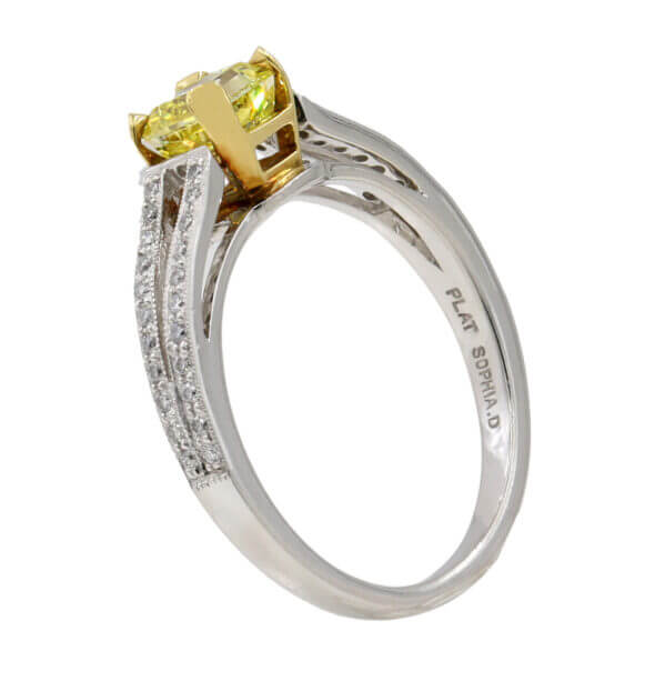 Platinum and 18 Karat Yellow Gold Fancy Intense Yellow Radiant Cut Diamond Ring with GIA Report side view
