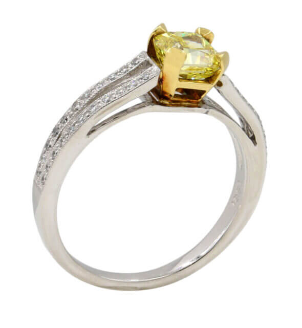 Platinum and 18 Karat Yellow Gold Fancy Intense Yellow Radiant Cut Diamond Ring with GIA Report top view