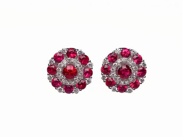 14 Karat White Gold Ruby and Diamond Circle Cluster Earrings