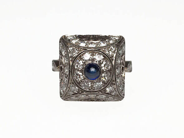 Russian Platinum and 14 Karat Rose Gold Cabochon Sapphire and Diamond Ring front view