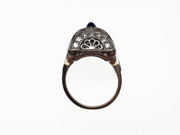 Russian Platinum and 14 Karat Rose Gold Cabochon Sapphire and Diamond Ring top view
