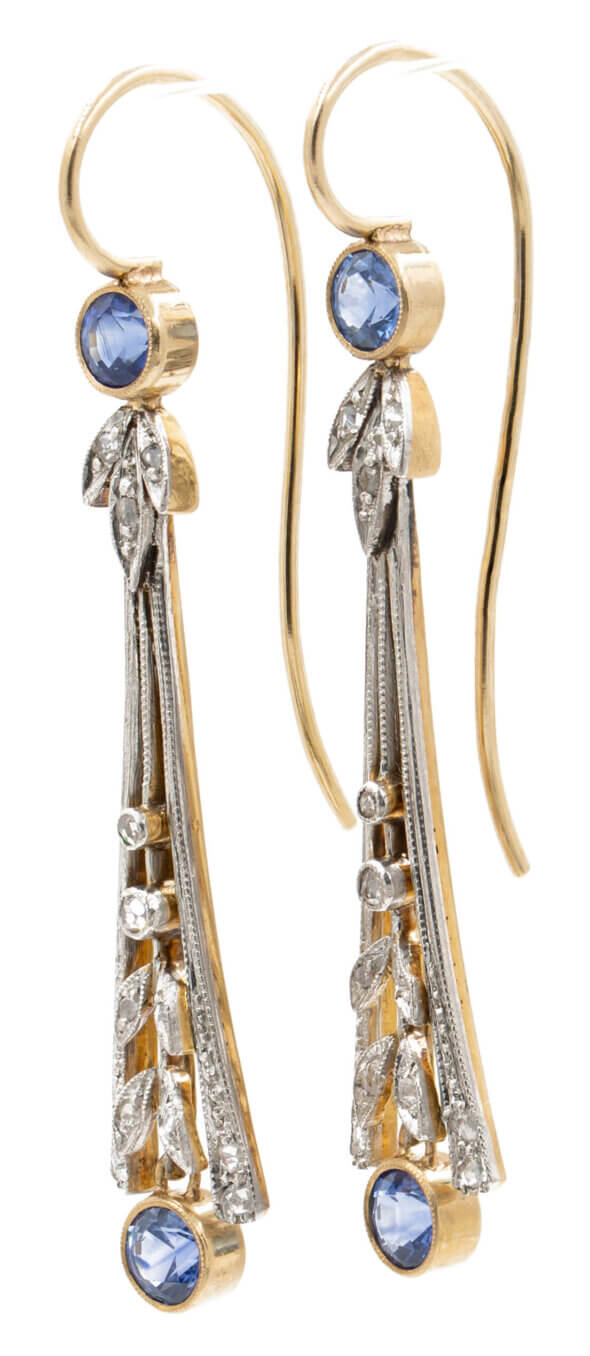 Platinum Topped Sapphire and Diamond Antique Style dangle Earrings