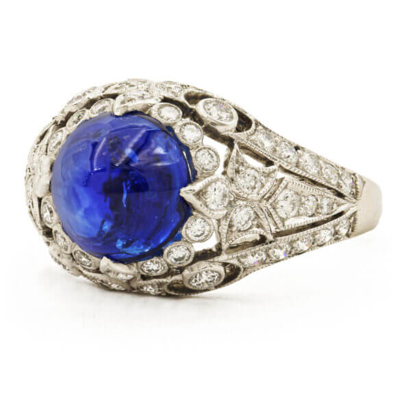 Platinum Cabochon Sapphire and Diamond Ring