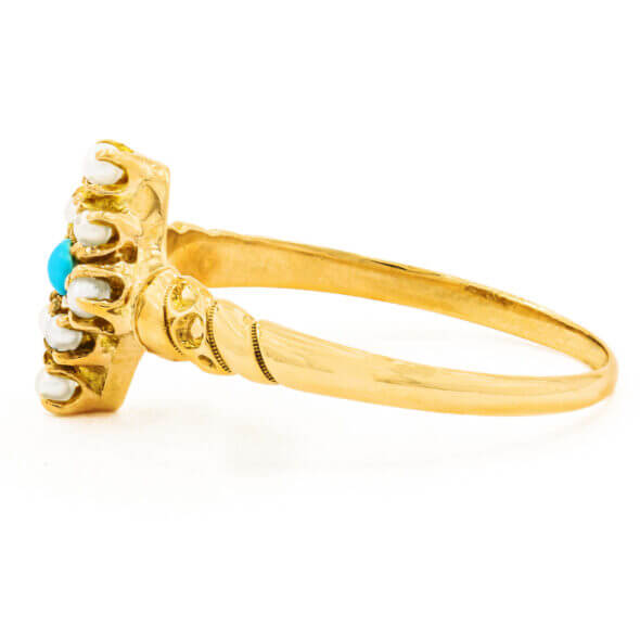 10 Karat Yellow Gold Turquoise | 8 Pearl Victorian Ring side view