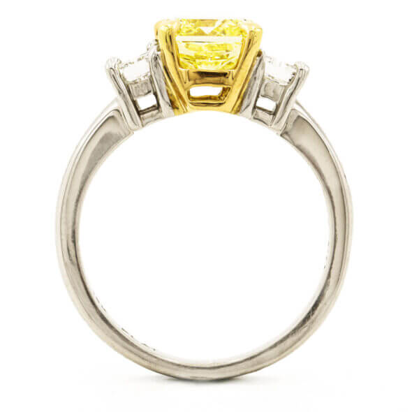 1.87 Carat Fancy Intense Yellow Diamond Ring with 2 Radiant Cut Accent Diamonds in Platinum | 18 Karat Yellow Gold top view