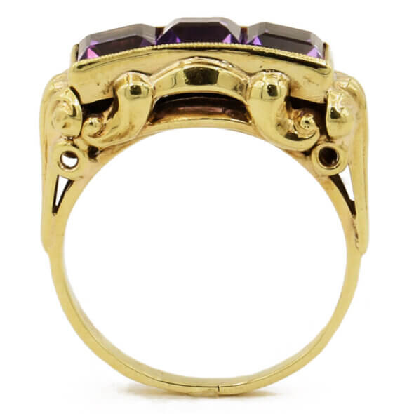 10 Karat Yellow Gold 3 Square Amethyst Antique Ring