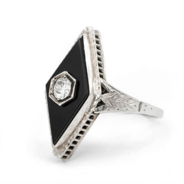 Art Deco 14 Karat White Gold Onyx and Diamond Ring left side