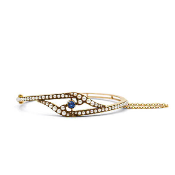 Victorian Sapphire | Pearl Gold Bypass Bangle Bracelet