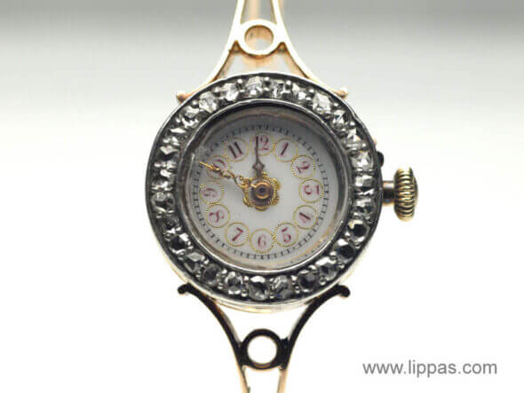 14 Karat Ladies Rose Cut Diamond Bezel Antique Watch front view
