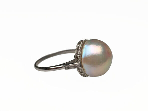 Platinum Edwardian Pearl and Diamond Ring side view