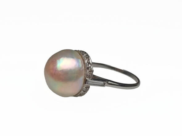 Platinum Edwardian Pearl and Diamond Ring side view