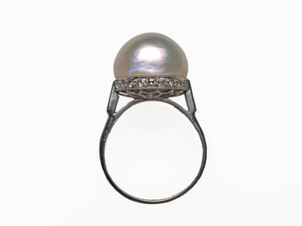 Platinum Edwardian Pearl and Diamond Ring top view