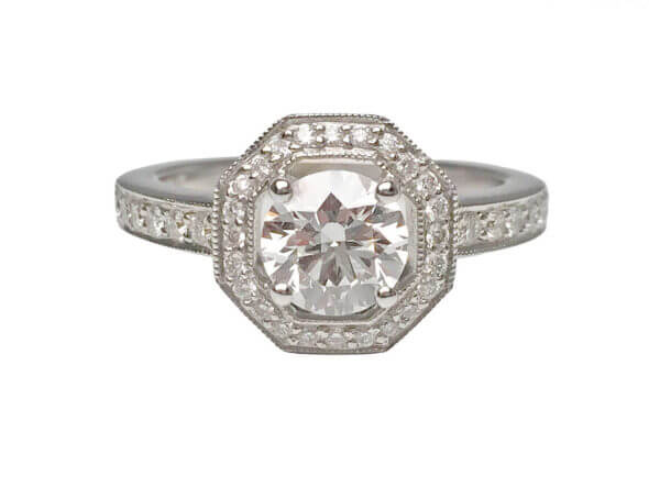 14 Karat White Gold Diamond Engagement Ring With Octagon Halo, Center diamond GIA Report front view