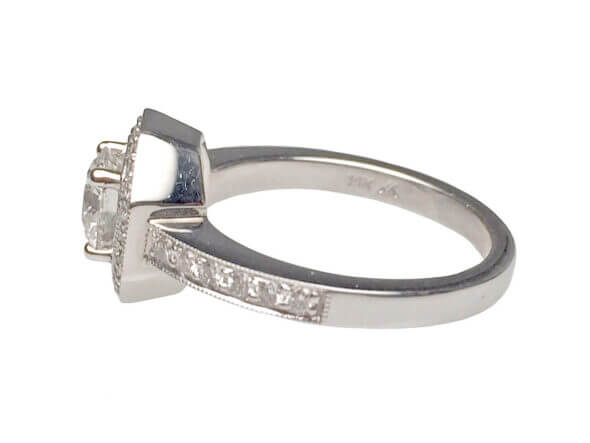 14 Karat White Gold Diamond Engagement Ring With Octagon Halo, Center diamond GIA Report side view
