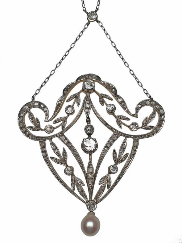 Edwardian Platinum Topped Gold Diamond and Pearl Pendant