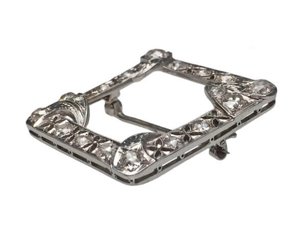 18 Karat White Gold 1930's Diamond Square Brooch side view