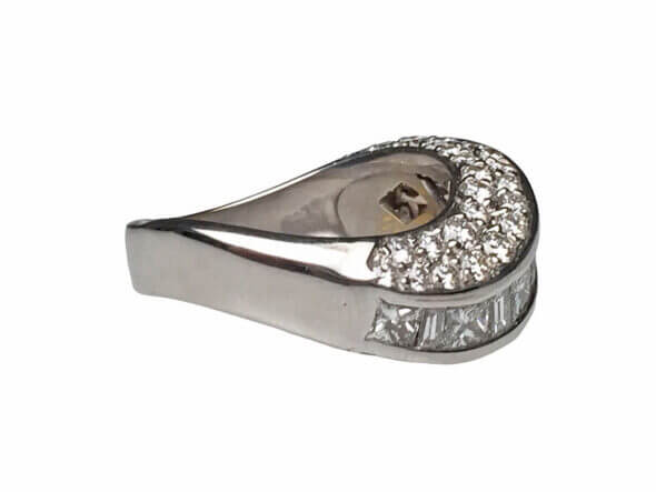 18 Karat White Gold "Wave" Ring with Princess, Tapered Baguette, and Round Brilliant Cut Diamonds side view