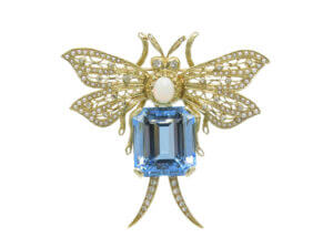 14 Karat Yellow Gold Aquamarine, Opal, Diamond and Seed Pearl Brooch | Pendant Combination front view