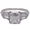 Platinum Cushion Cut Diamond Ring with Tapered Bullet Cut Diamond Sides front view