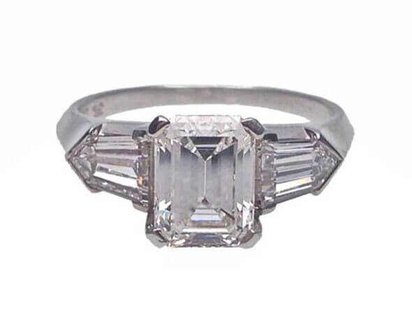Platinum Cushion Cut Diamond Ring with Tapered Bullet Cut Diamond Sides front view