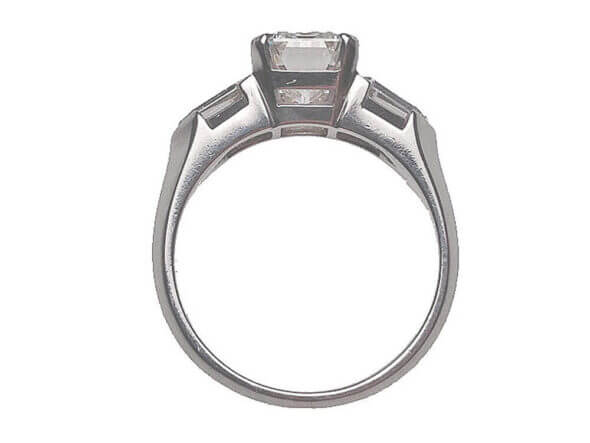 Platinum Cushion Cut Diamond Ring with Tapered Bullet Cut Diamond Sides top view