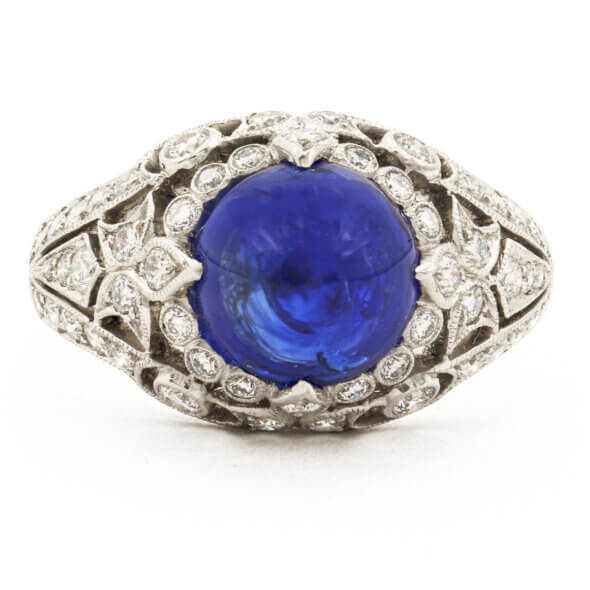 Platinum Cabochon Sapphire and Diamond Ring