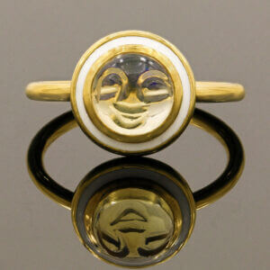 18 Karat Yellow Gold White Enamel Jelly Opal Face Ring With Enamel front view