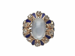 14 Karat Yellow Gold Victorian Moonstone, Diamond and Blue Enamel Cocktail Ring front view