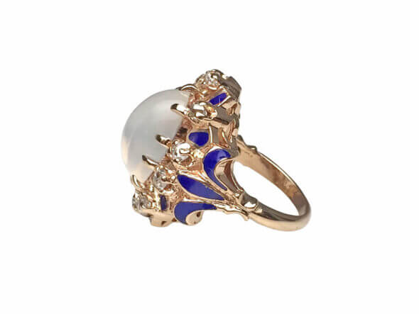 14 Karat Yellow Gold Victorian Moonstone, Diamond and Blue Enamel Cocktail Ring side view