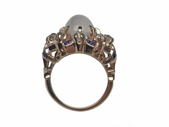 14 Karat Yellow Gold Victorian Moonstone, Diamond and Blue Enamel Cocktail Ring top view