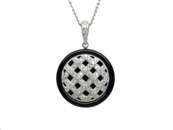 14 Karat White Gold Diamond and Onyx Weave Pendant