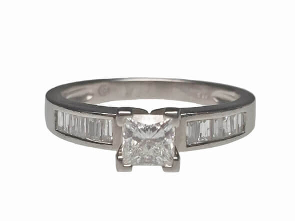 Platinum Princess Cut and Baguette Diamond Ring front view