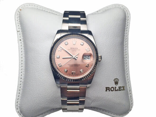 Stainless Steel Rolex Date with 18 Karat White Gold Bezel and Salmon