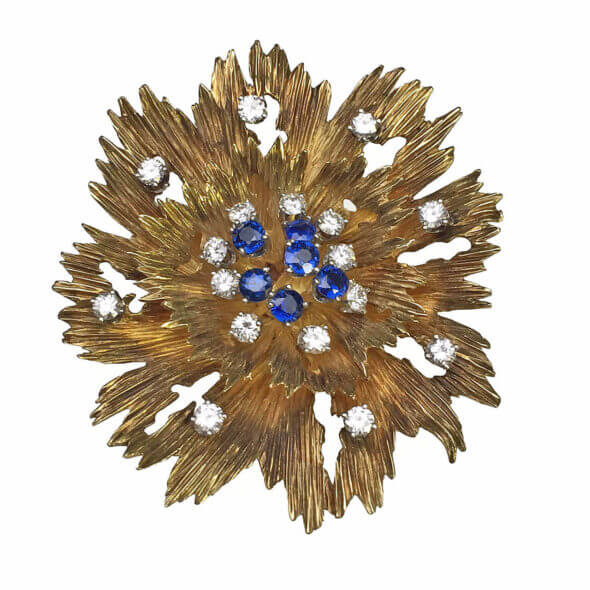 18 Karat Yellow Gold Floral Motif Diamond and Sapphire Brooch front view