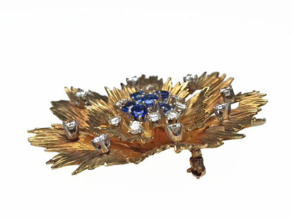 18 Karat Yellow Gold Floral Motif Diamond and Sapphire Brooch side view