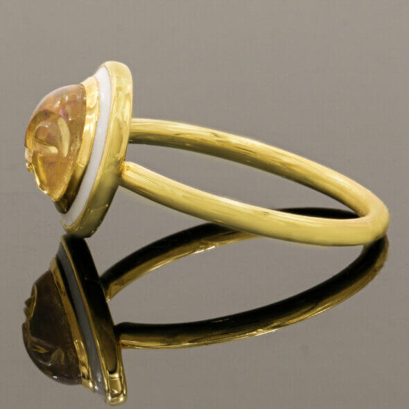 18 Karat Yellow Gold White Enamel Jelly Opal Face Ring With Enamel side view