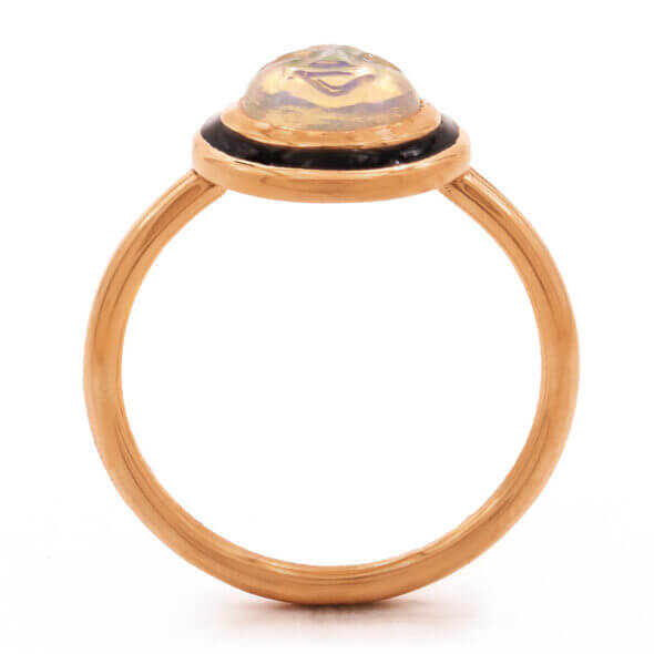 18 Karat Rose Gold Carved Opal Face Ring With Black Enamel standing